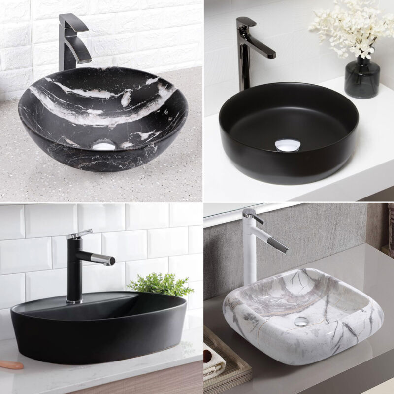 MULTI SHAPE BATHROOM CLOAKROOM COUNTERTOP CERAMIC BASIN SINK & POP UP WASTE SETS