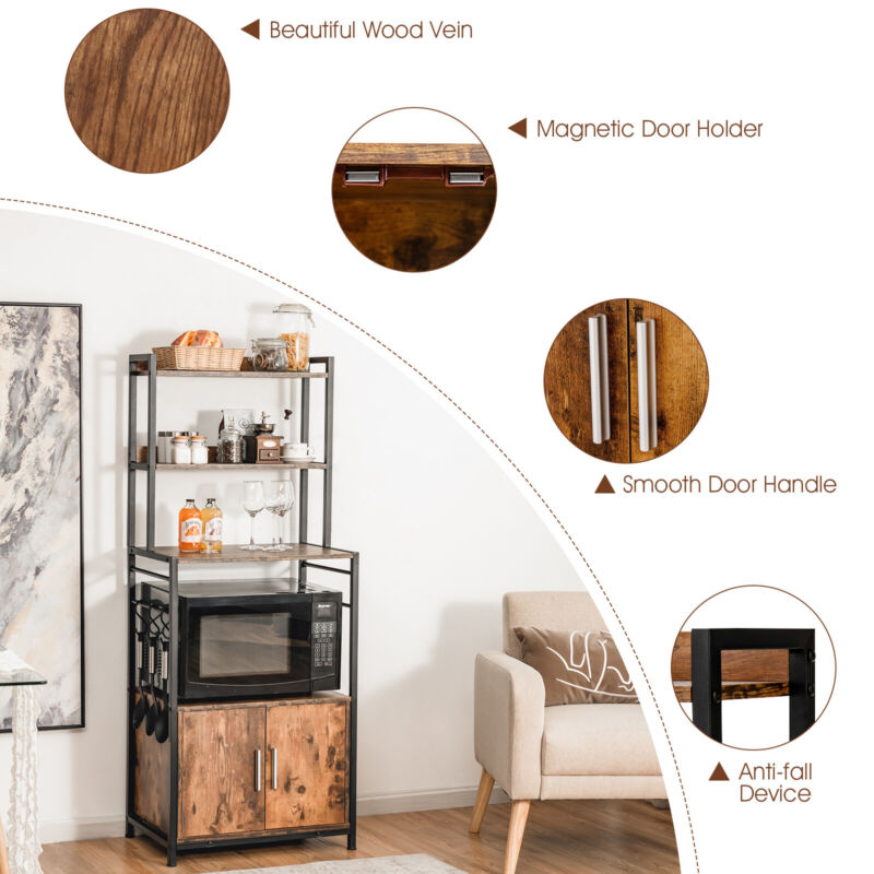 4-Tier Kitchen Baker’s Rack Industrial Storage Shelf Microwave Stand W/ 2 doors