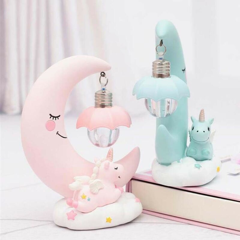 Resin Unicorn Moon LED Night Light Baby Children Nursery Room Bedside Lamp Gift