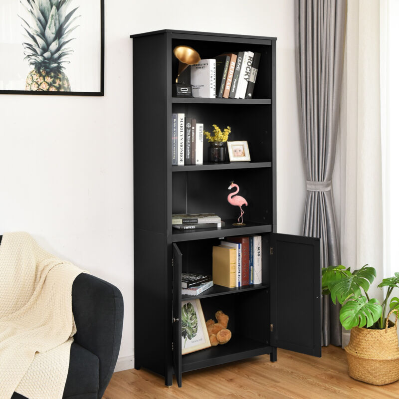Wooden Tall Bookcase 3-Tier Shelving Storage Cabinet 2 Doors Display Organizer