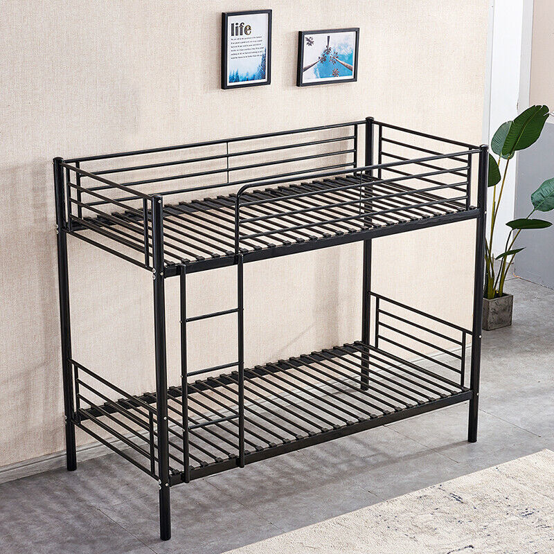 Black Bunk Bed Metal Frame with Ladder Home Dorm Bedroom Furniture for Family BN