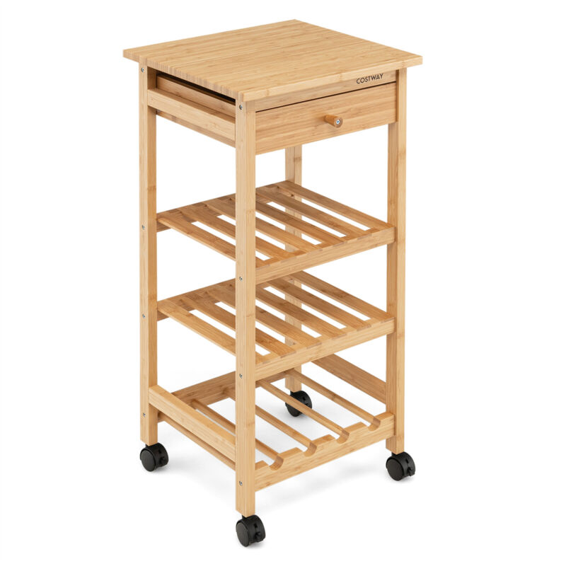 4-Tier Storage Utility Cart Bamboo Kitchen Trolley Rolling kitchen Island Dining