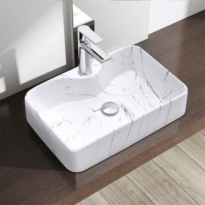 Counter Top Rectangle Marble Ceramic Sink Cloakroom Bathroom Vanity Basin 1 Hole