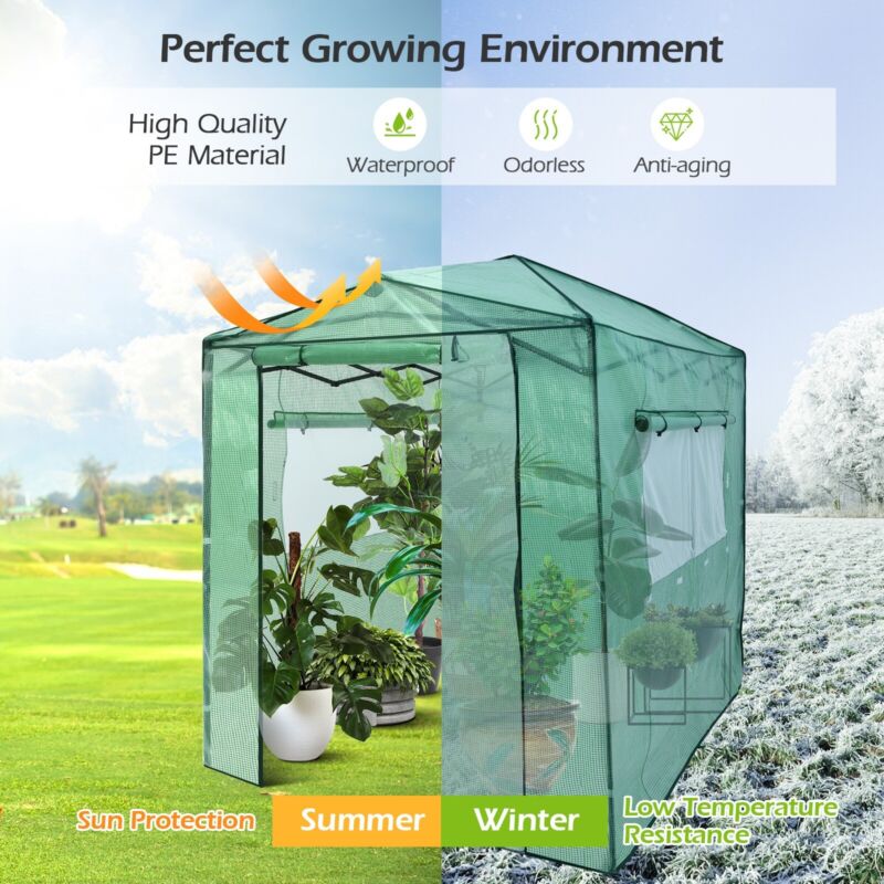 Zippered Roll-up Doors Walk-in Gardening Greenhouse w/ Observation Windows