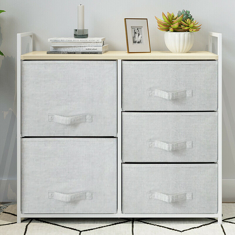 Fabric Bedside Cabinet Metal Frame Storage Unit Chest Of 5 Drawer with Drawers