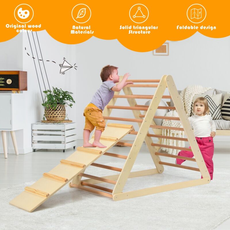 Wooden Kids Climbing Triangle Ladder Training Climber with Ramp for Children