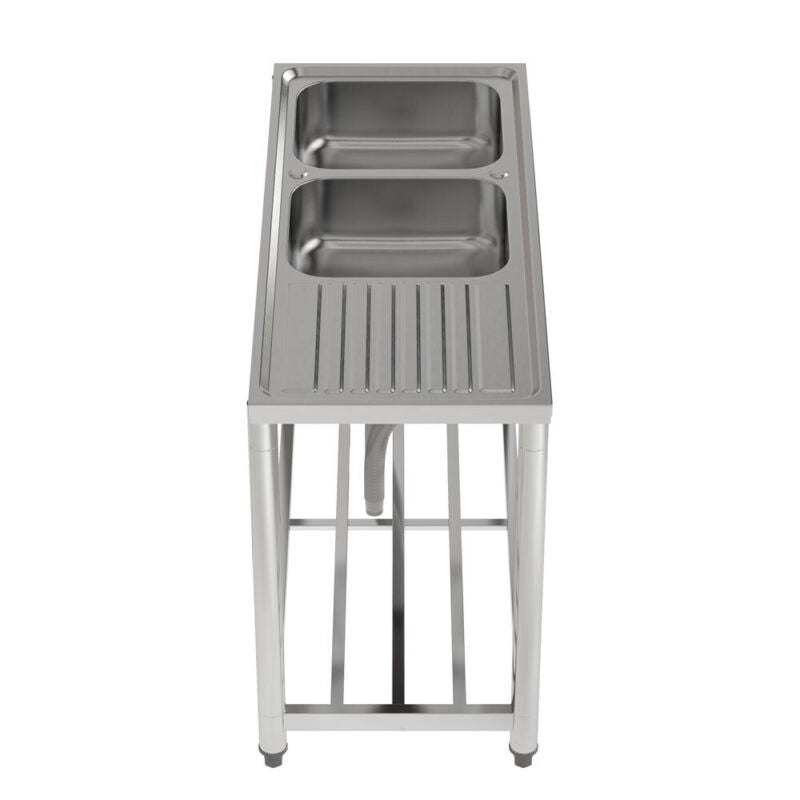 120cm Stainless Steel Commercial Kitchen Double Bowl Sink W/Shelf& Left Platform