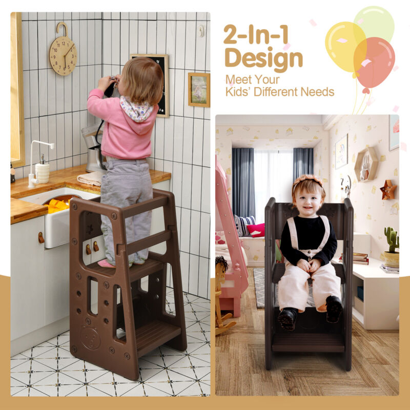 Kids Non-slip Kitchen Step Stool Toddler Learning Stool with Double Safety Rails