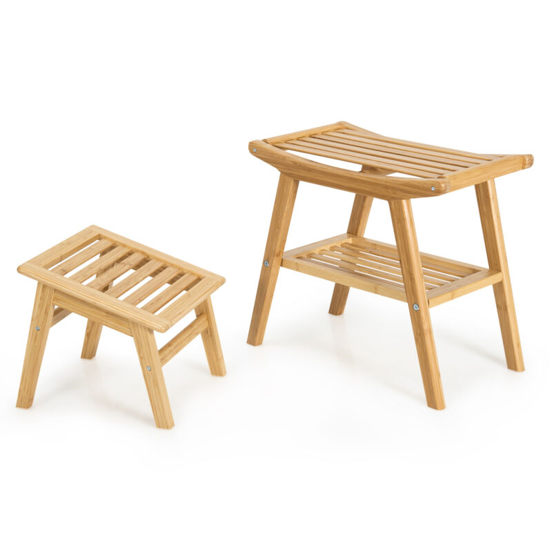 Bamboo Shower Bench Foot Stool Set Bathroom Organizer Seat Stool Shower Bench