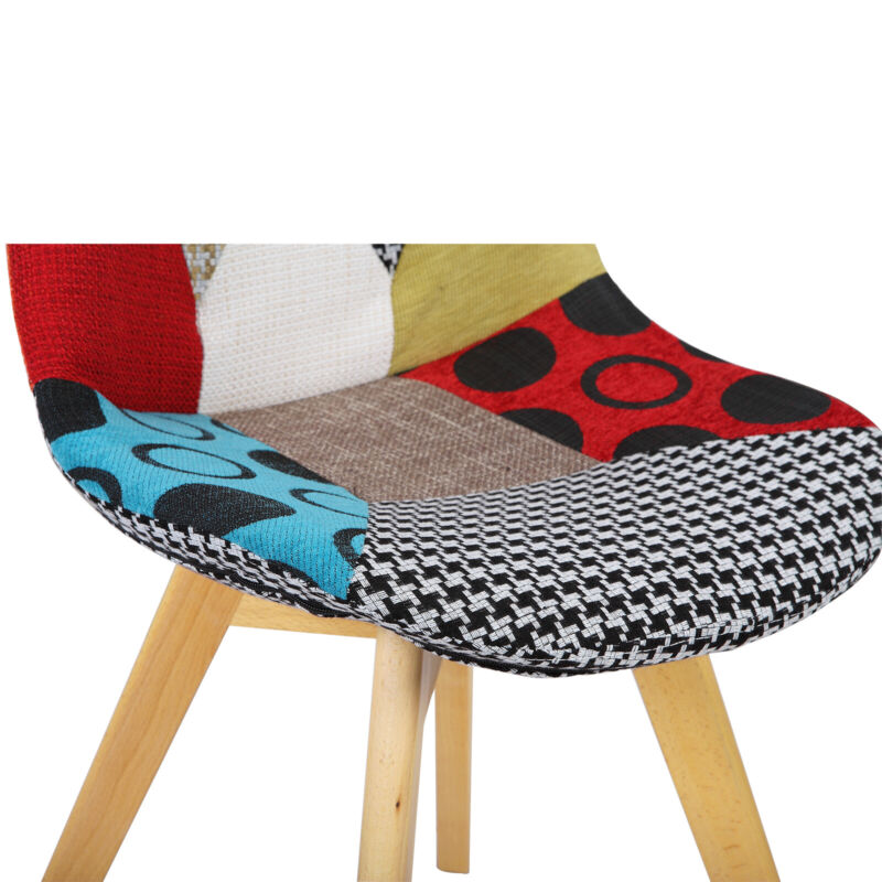 Dining Chair Patchwork Linen Padded Lounge Chair w/ Backrest Wood Legs Kitchen