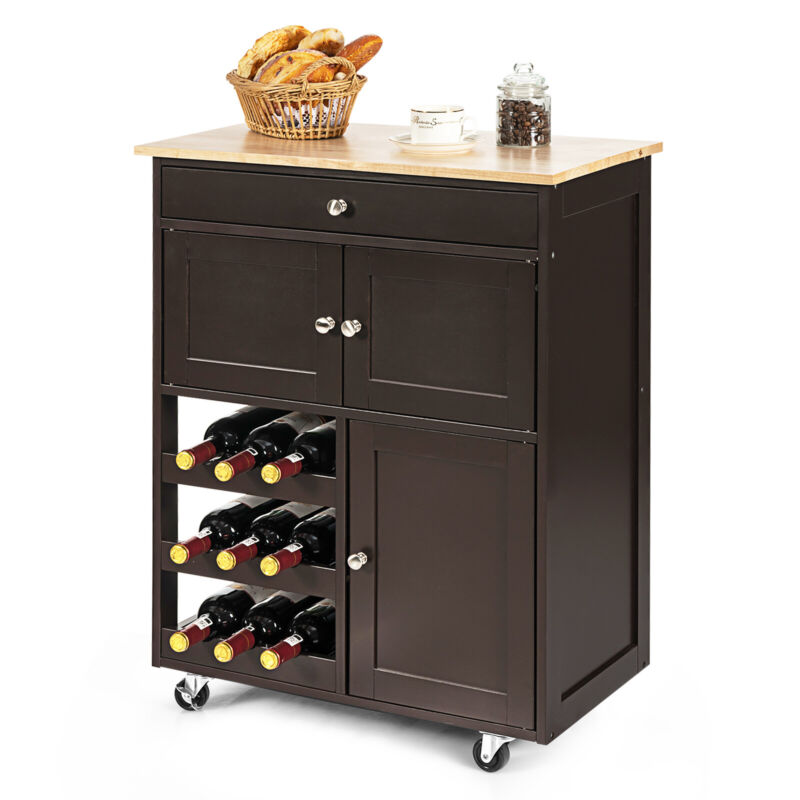 Rolling Kitchen Storage Trolley Cart Cupboard Island Cabinet 3 Tier Wine Rack