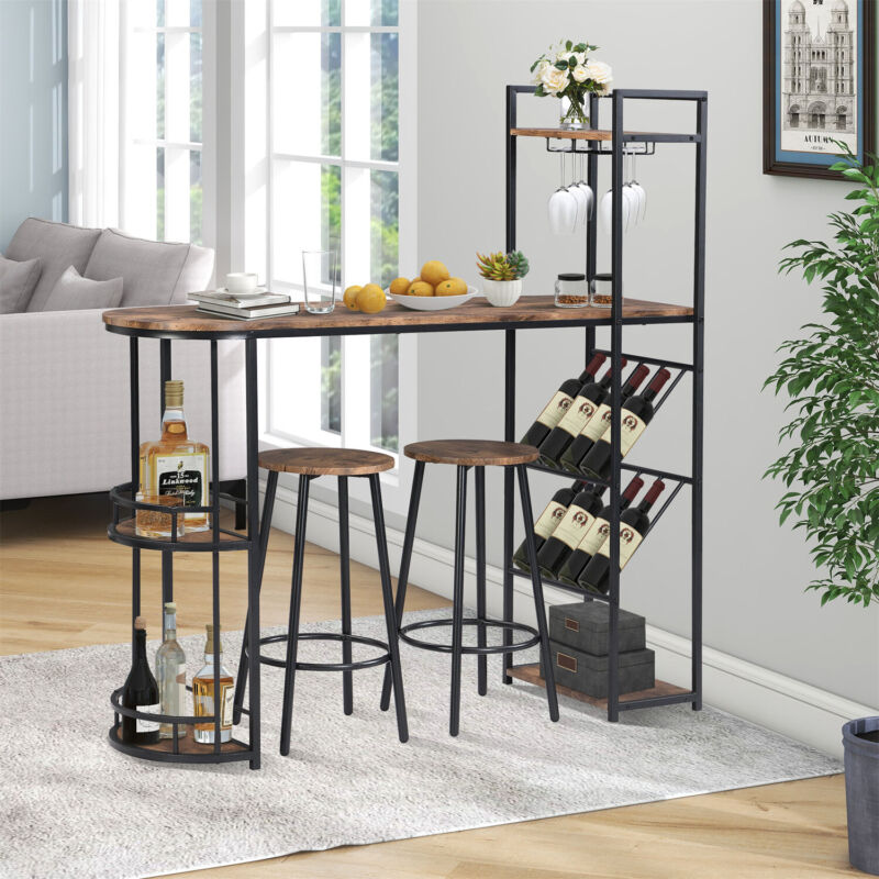 Industrial Bar Table Set with 2 Chairs Dining Set w/ Wine Rack Side Storage MF
