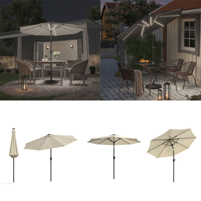 Solar LED Strip Parasol Outdoor Garden Sun Shade Umbrella With Crank Tilt