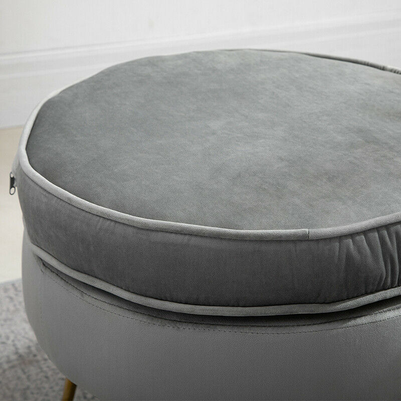 Modern Grey Velvet Footstool Ottoman Stool Round Metal Legs Living Room Office