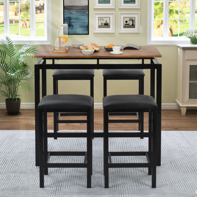 5PCS High Table & Chair Set Bar Kitchen Dining Breakfast Furniture Padded Stools