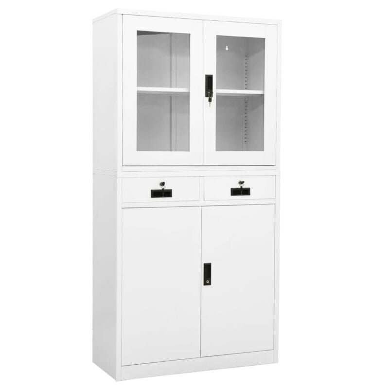 Office Cabinet White 90x40x180 Steel and Tempered Glass E3D0