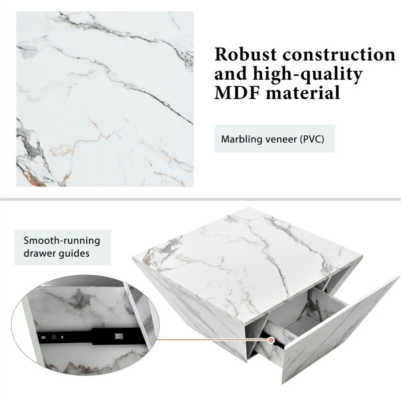 Wooden Coffee Table with Storage Drawer Marble-Look Modern Living Room Furniture