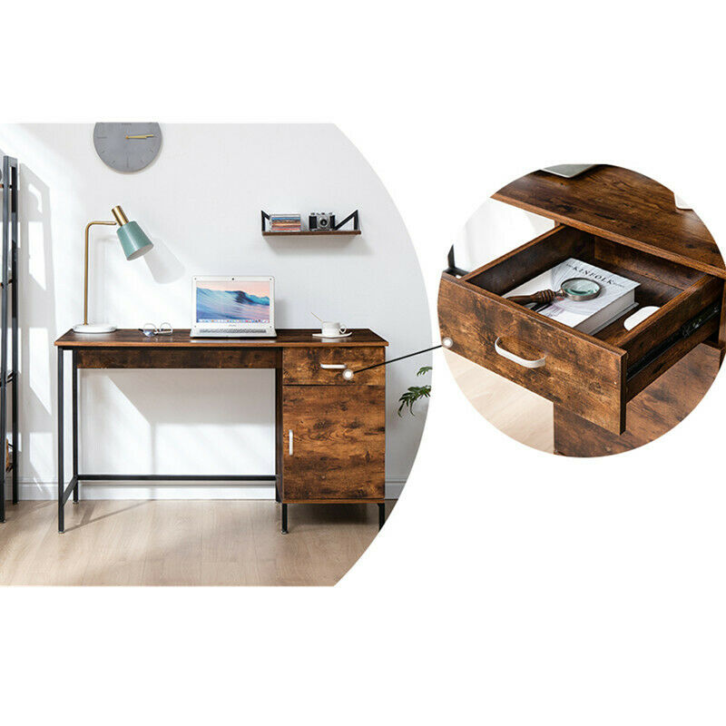 Rustic Wood Computer Desk Home Writing Table Office Desk with Drawer and Cabinet