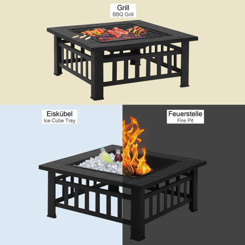 3-in-1 Fire Pit BBQ Firepit Brazier Outdoor Garden Brazier Square Table Stove