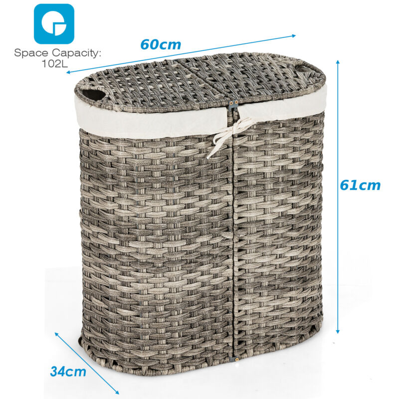 102L Handwoven Laundry Basket Divided Washing Clothes Hamper W/ Removable Liner