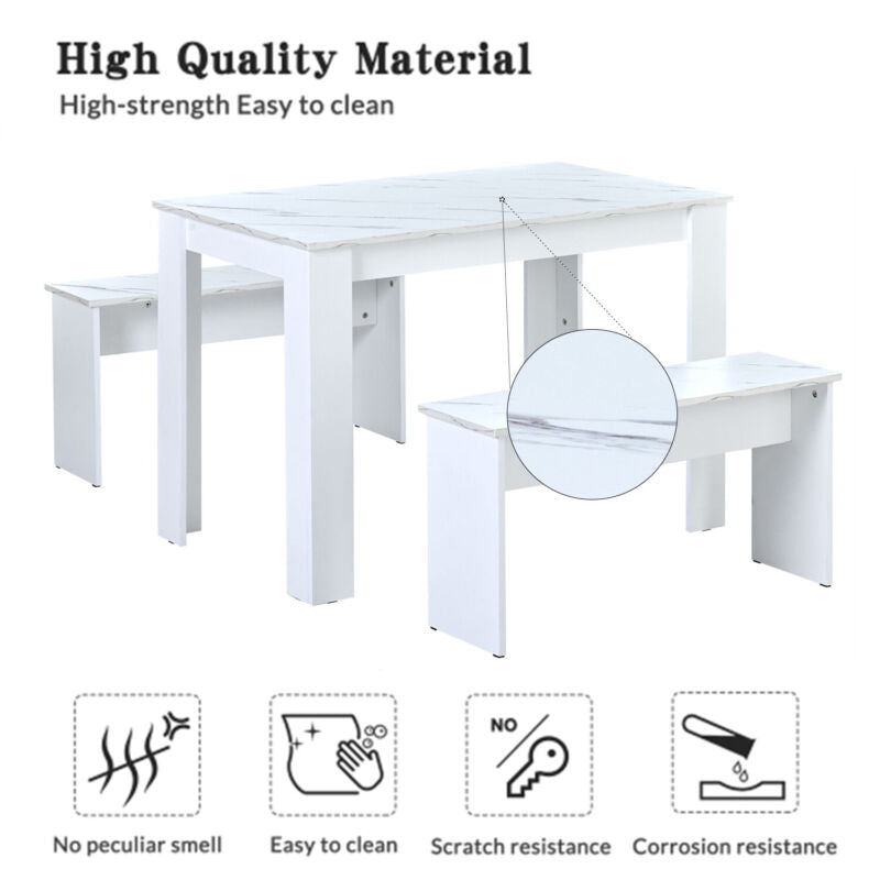 White Wooden Marble Look Breakfast Dining Table and Chairs Set of 2 Benches