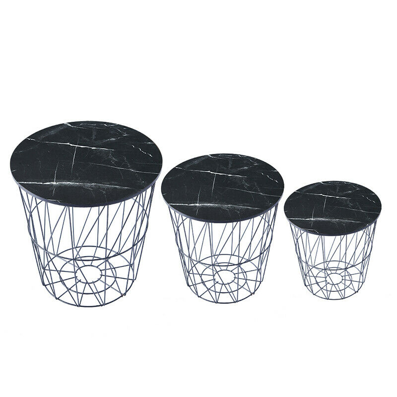 Set of 3 Nested Table Side Table Storage Basket Metal Wire Black Marble Effect