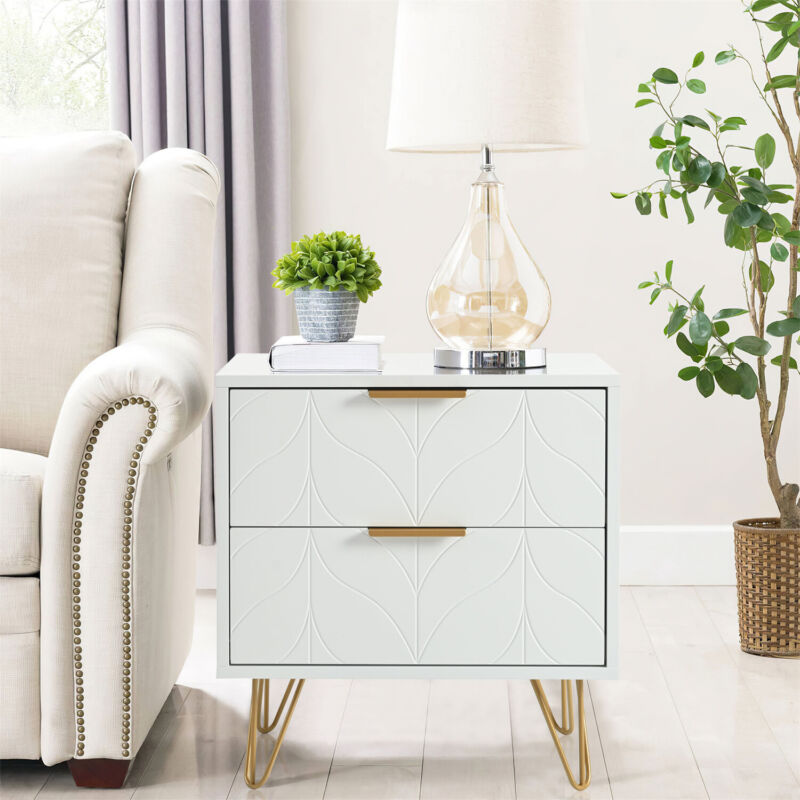 2Pcs Bedside Table w/ 2 Drawers Bedside Cabinet Metal Frame for Living Room MO