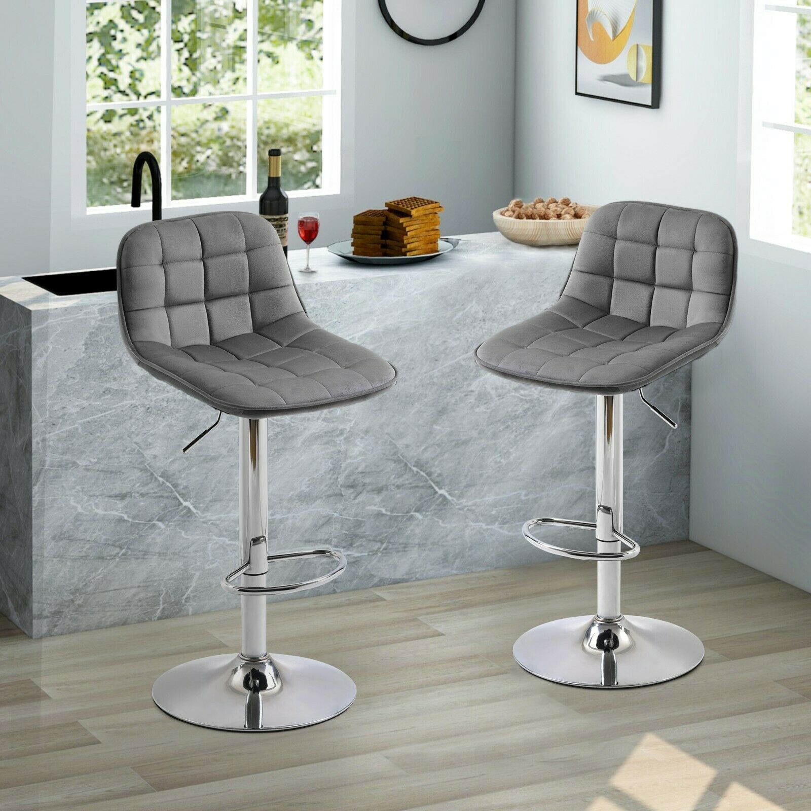 2×Bar Stools Leather / Velvet Chairs Breakfast Chair Swivel Gas Lift Adjustable