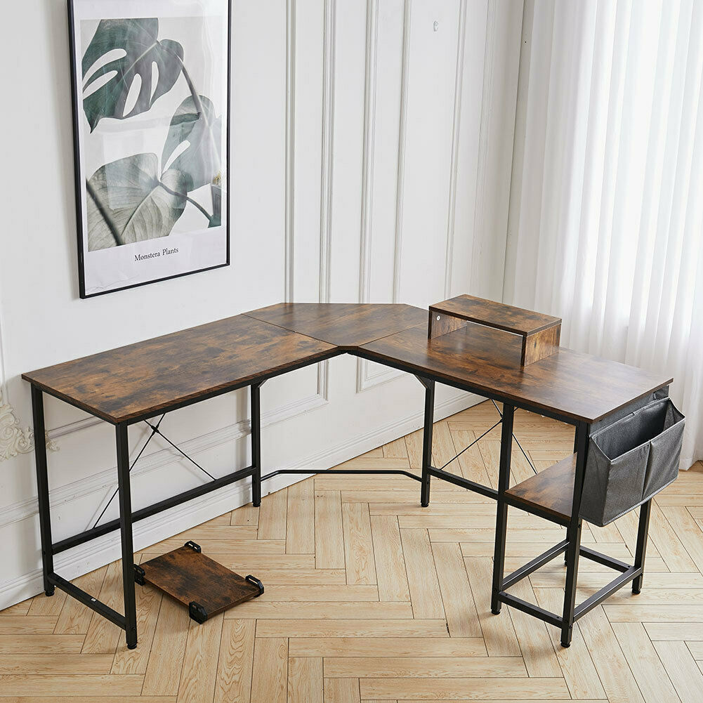 L Shaped Computer Corner Desk Table with Monitor Stand/Shelf/Si