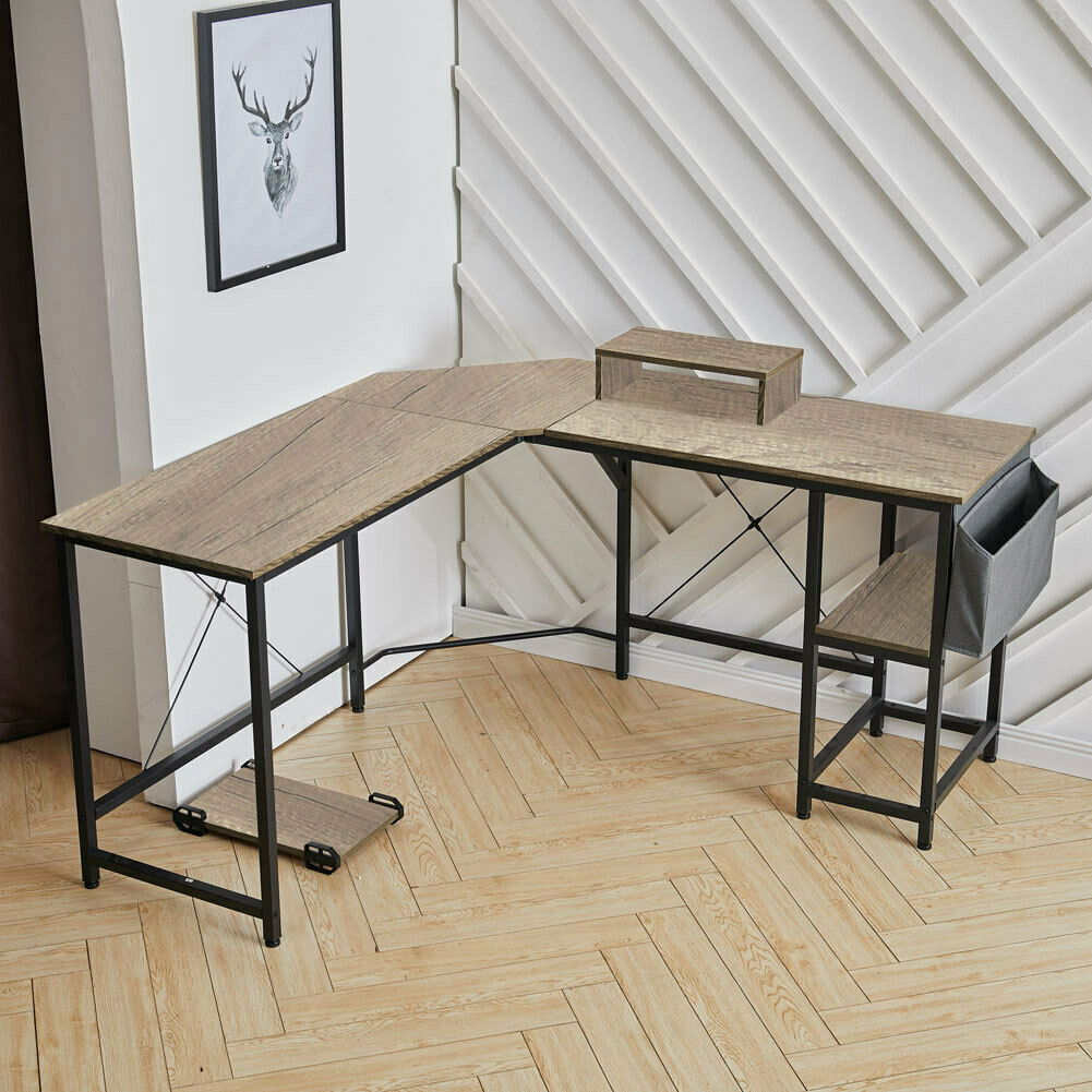 L Shaped Computer Corner Desk Table with Monitor Stand/Shelf/Si