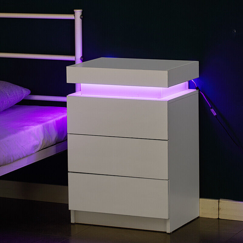 2/3 Drawers High Gloss Front Bedside Table Cabinet LED Nightstand Black/White
