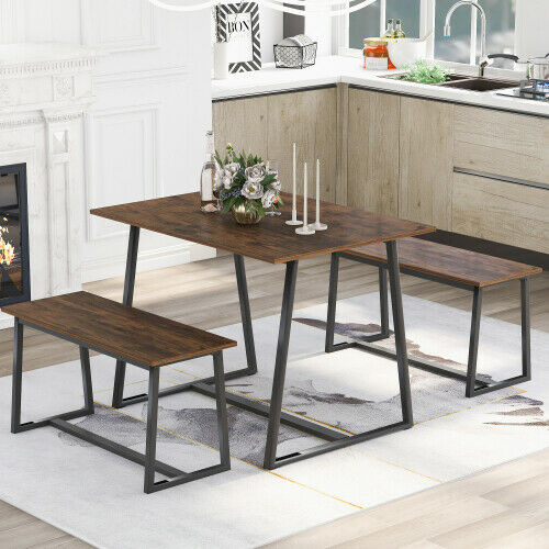 4-Seater Dining Table Set with 2 Benches Breakfast Kitchen Furniture Steel Frame
