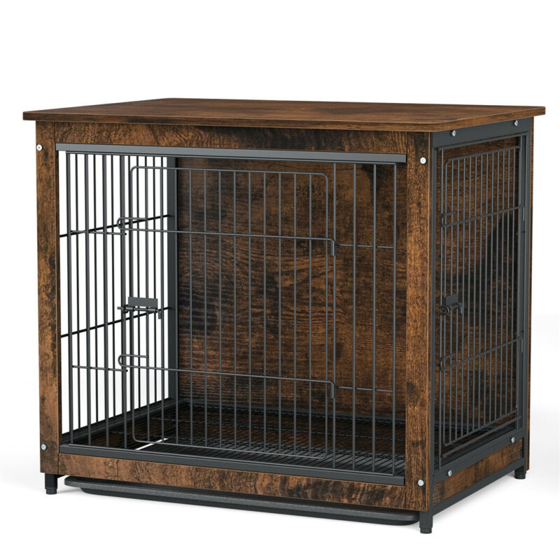 Chew-Proof Wooden Dog Crate Wood Wire Pet Kennel Home Side Table with Slide Tray