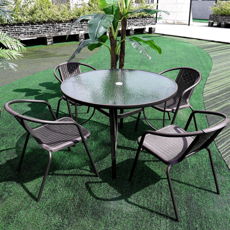 2/4/6 Seater Black Bistro Set Garden Patio Furniture Table Chairs w/Parasol Hole