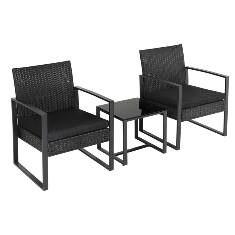 3pcs Garden Bistro Furniture Set Glass Table & Rattan Chairs with Steel Legs
