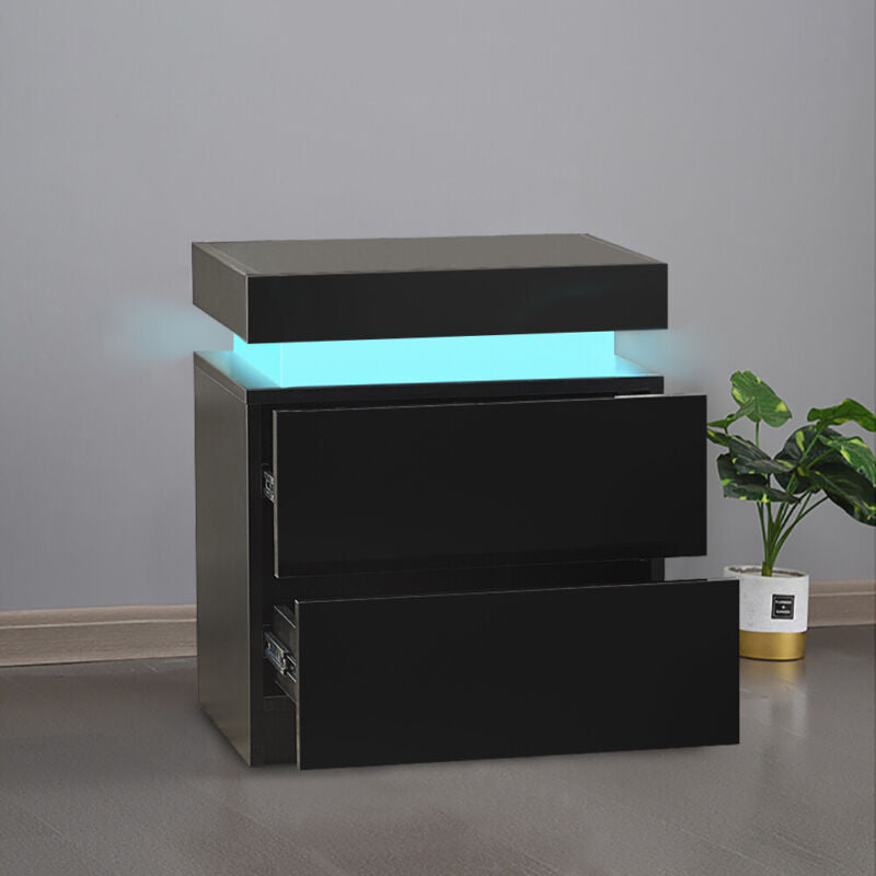 2/3 Drawers High Gloss Front Bedside Table Cabinet LED Nightstand Black/White