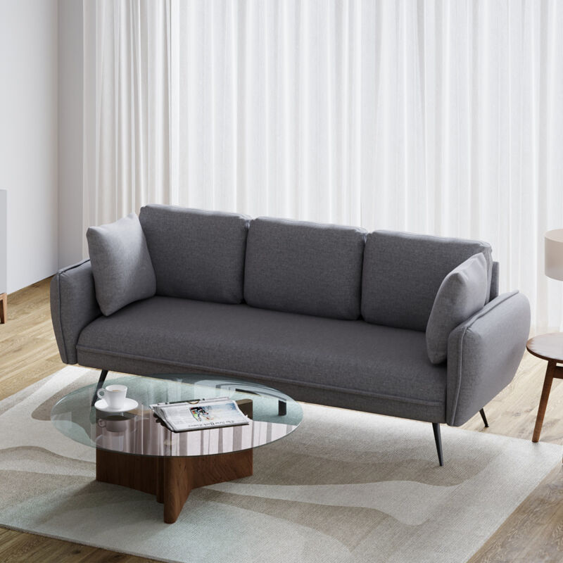 3 Seater Sofa Bed Grey Linen Fabric Living Room Couch Settee Large Cushion Seat