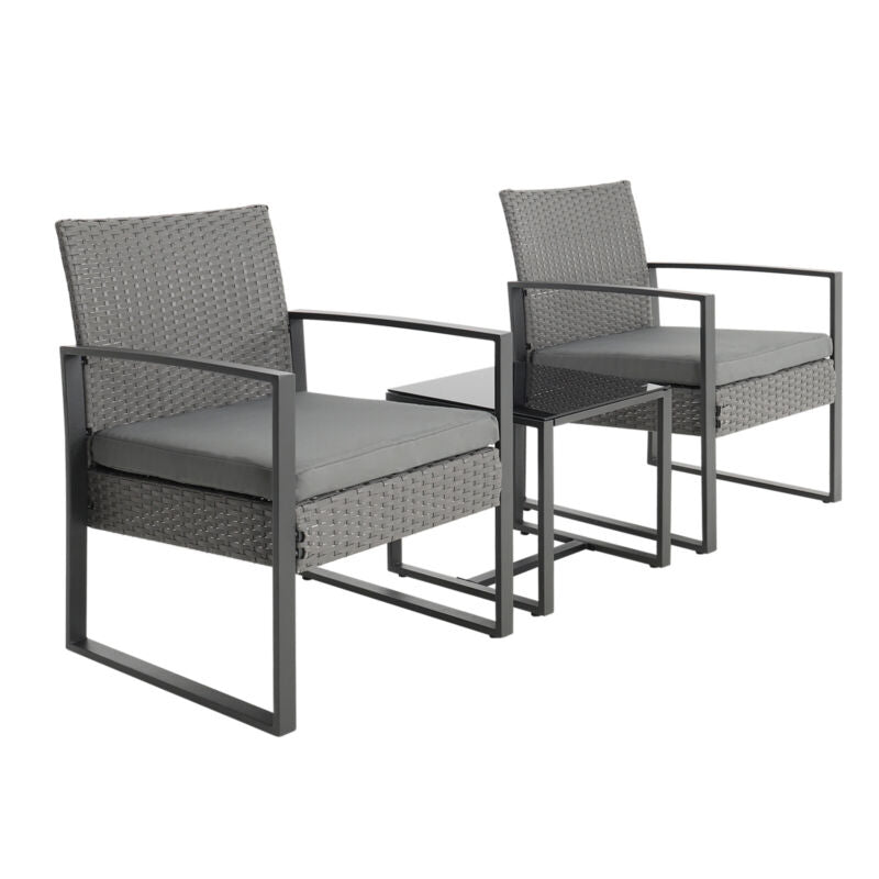 3pcs Garden Bistro Furniture Set Glass Table & Rattan Chairs with Steel Legs