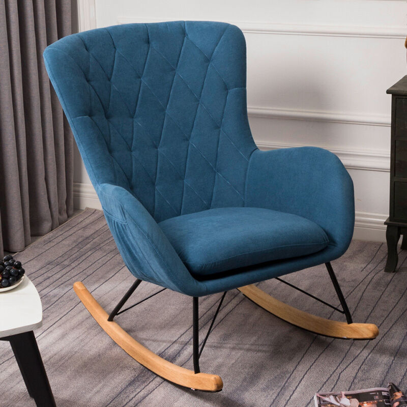 Wooden Upholstered Rocking Armchair Button Lounge Wing Back Chair Sofa Fireside