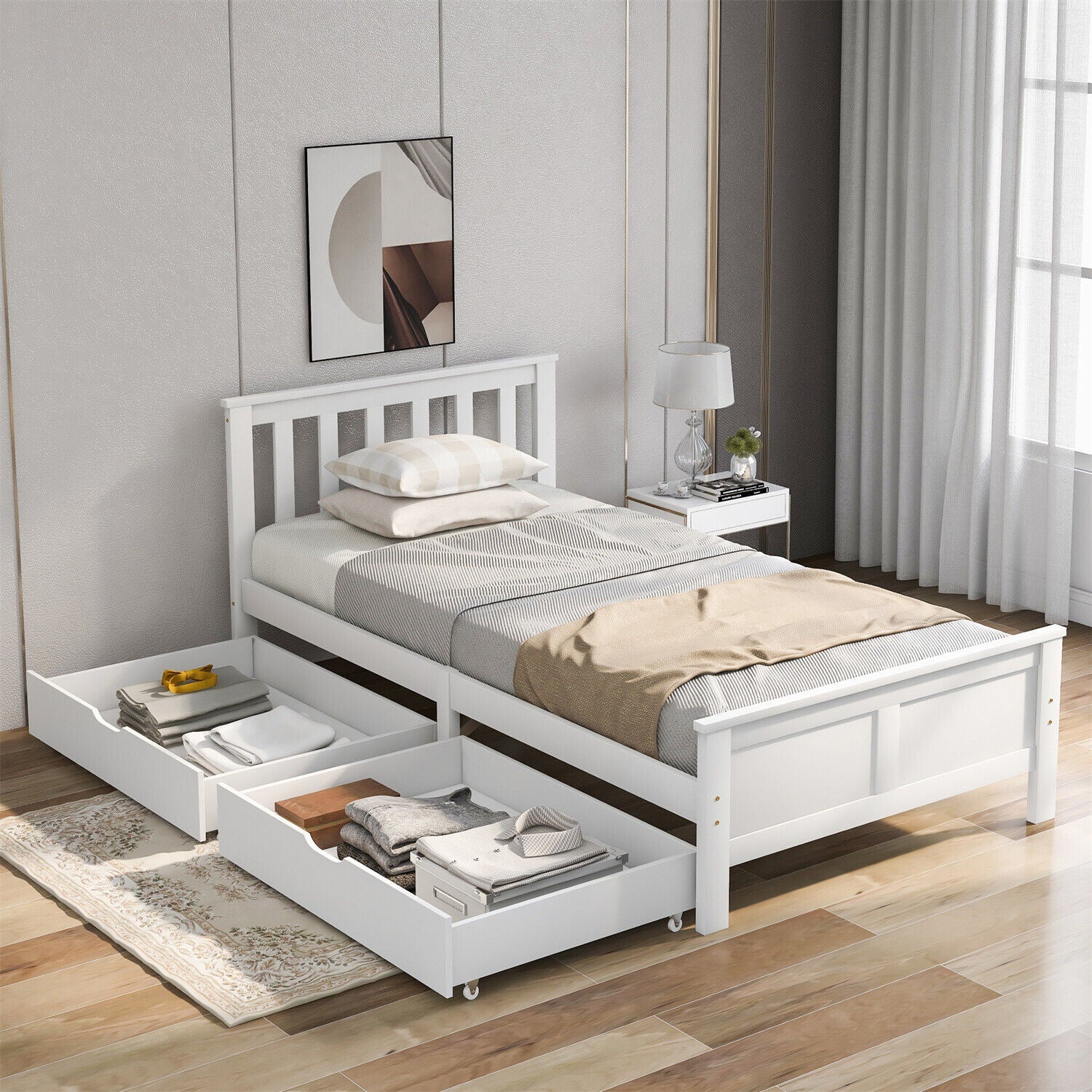 2 Drawers 4ft 3ft Double Single Wooden Solid White Pine Kids Storage Bed Frame