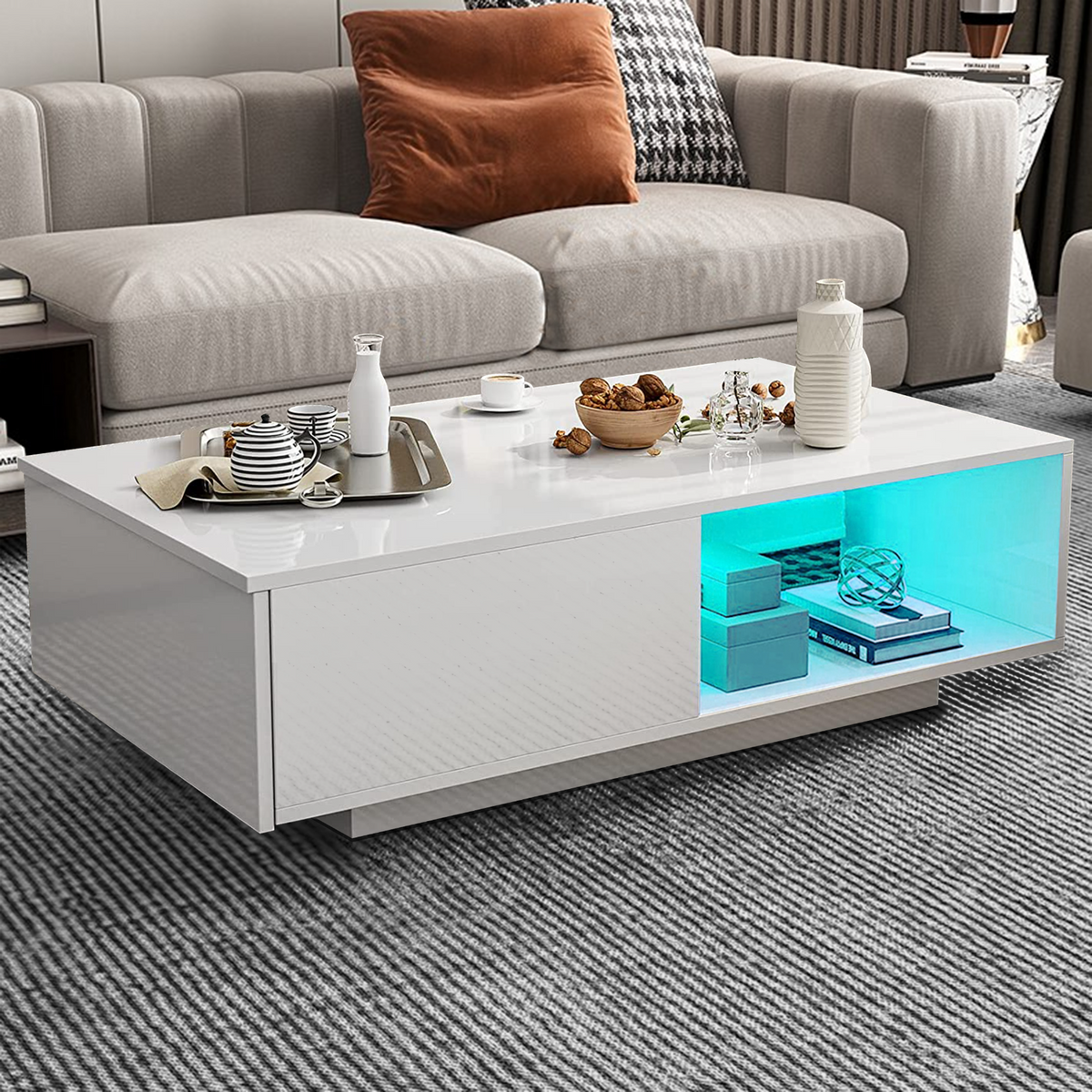 High Gloss LED Coffee Table Wooden Drawer Storage Modern Living Room F
