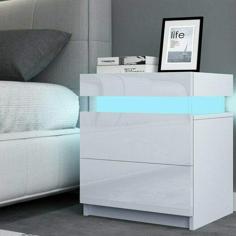 2/3 Drawers High Gloss Front Bedside Table Cabinet LED Nightstand Black/White