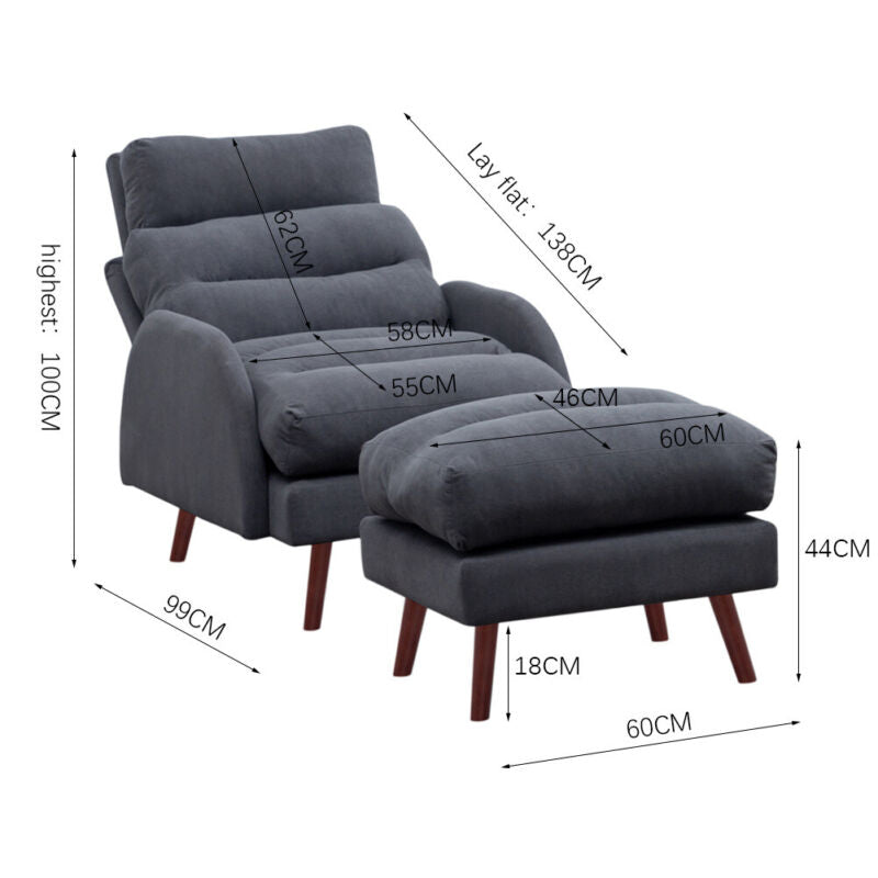 Upholstered Velvet Single Sleeper Sofa Recliner Home Cinema Armchair with Stool