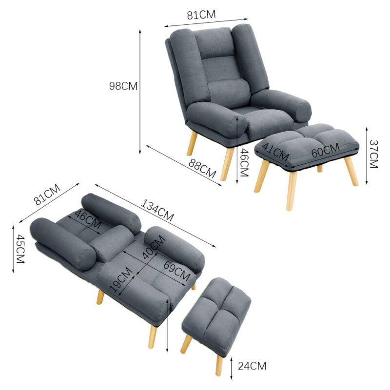 Upholstered Velvet Single Sleeper Sofa Recliner Home Cinema Armchair with Stool