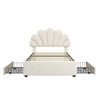 Velvet Single Bed Frame with Petal Headboard, 2 Drawers and Wood Slats, Beige