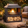 Outdoor Fire Pit Fireplace 82cm Steel Log Storage Wood Burner Patio Heater Black