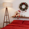 Tripod Floor Lamp with Shelf Wooden Standing Light Linen Shade Living Room