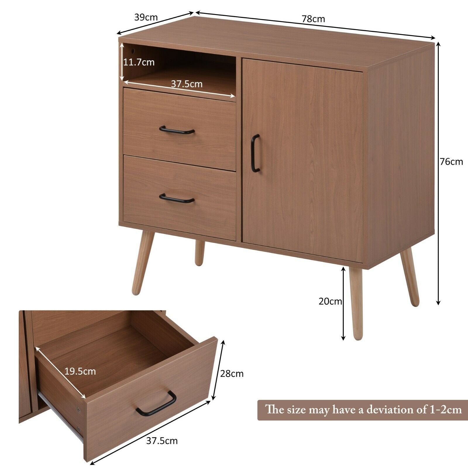 1 Door 2 Drawer Sideboard Storage Cabinet Cupboard Chest For Entryway Hallway - Quildinc