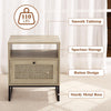 Rattan Bedside Table with Drawer and Shelf Wood Nightstand End Table Metal Frame