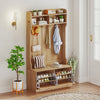 4-In-1 Hall Tree Entryway Bench with Coat Rack & Flip Drawers-Natural